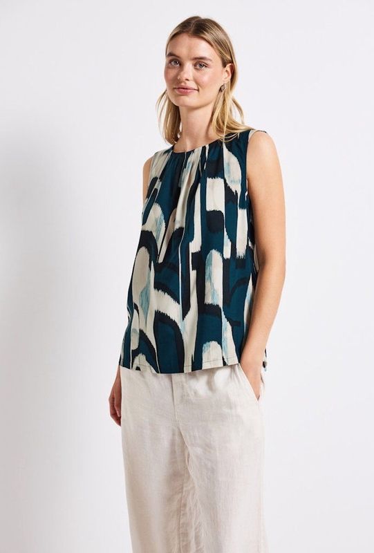Street One - Blousetop - Turkoois - Dames - Mouwloos - Grafisch Patroon