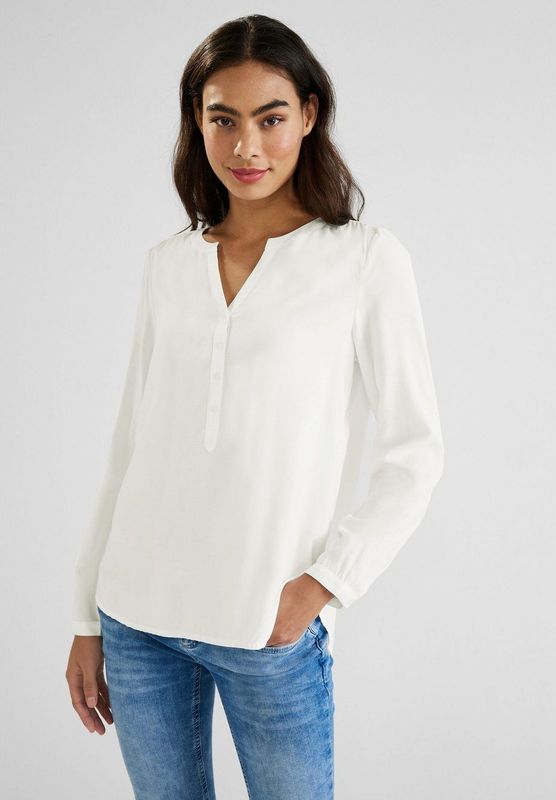 Street One - Bamika - Blouse - Off-White - Split Ronde Hals, Halve Knoopsluiting