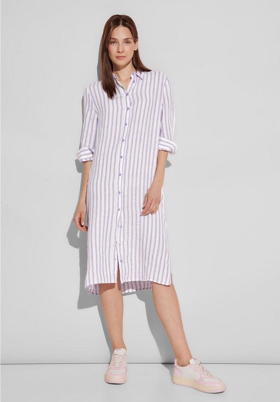 Street One - Gestreepte Jurk - Paars - Linnen - Lange Mouwen, Kraag, Steekzakken