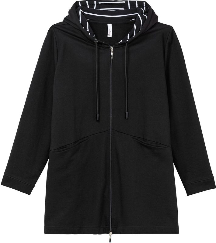Lange Sweatjacke mit gestreiftem Kapuzenfutter, schwarz, Gr.56/58