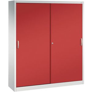 C+P ACURADO schuifdeurkast, 6 legborden, 2 lockers, h x b x d = 1950 x 1600 x 400 mm, lichtgrijs/vuurrood