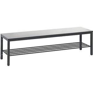 Umkleidebank Basic Plus, für Feuchträume, ohne Rückenlehne, 6-Fußgestell schwarzgrau RAL 7021, mit Schuhrost, B 1500 mm, Dekor silbergrau