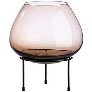 GILDE Decoratieve windlicht XL - grote theelichthouder van bruin glas met zwarte metalen standaard - hoogte 30 cm