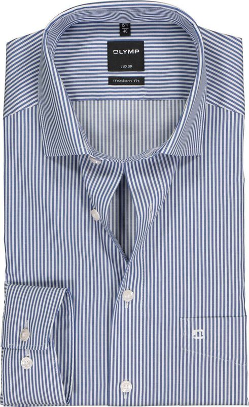OLYMP - Blauw Gestreept Overhemd - 100% Katoen - Kent Kraag - Lange Mouwen