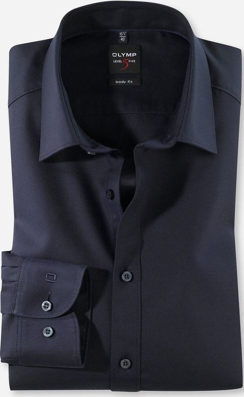 OLYMP - Blauw Effen Overhemd - Katoen - Kent Kraag - Lange Mouwen