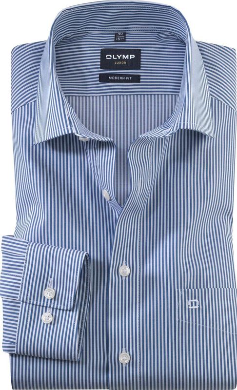 OLYMP - Luxor Overhemd - Marine Blauw met Wit Gestreept - Strijkvrij