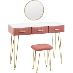 Woltu Roze Kaptafel met spiegel en krukje - Make up tafel - Spiegel met opbergruimte - Fluweel Roze - Slaapkamer accessoire