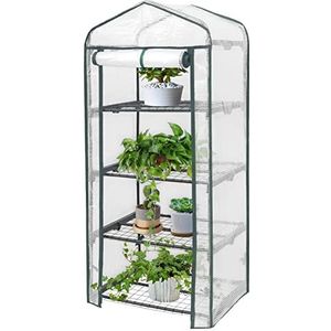 WOLTU Broeikas met metalen planken met 4 niveaus, versterkt PE-zeil, waterdicht, kleine winterkas voor planten, bloemen, groenten, zaailingen, wit, 69 x 49 x 158 cm