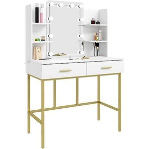 WOLTU MB6077ws Make-uptafel met spiegel met ledverlichting, kaptafel met 2 laden, moderne make-uptafel voor slaapkamer, melamineplaat en metaal, wit en goud, 45 x 136 x 90 cm