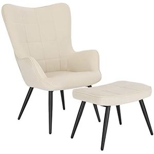 WOLTU SKS28cm Relaxstoel leunstoelen vintage retro stoel gestoffeerde stoel met kruk televisiestoel oor-fauteuil fluweel crèmewit