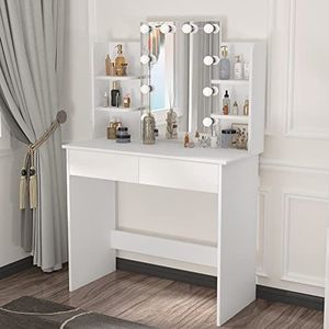 WOLTU Kaptafel met LED Verlichting Hollywood, Kaptafel met Spiegel, Cosmeticatafel met 2 Laden en 4 Open Planken, Make-up Tafel Modern voor Slaapkamer gemaakt van Hout, Wit MB6096ws