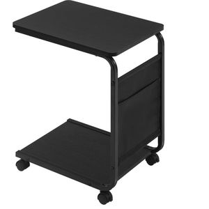 Beistelltisch, Couchtisch mit 2 Ablagen 1 Seitentasche, Sofatisch mit Stauraum, Wohnzimmertisch C-Form, auf Rollen, für Bett Sofa, aus Holzwerkstoff