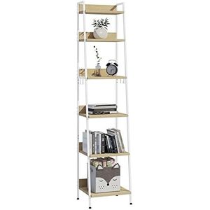 WOLTU RGB30whe Boekenkast, staand rek met 6 niveaus, keukenrek met 4 haken, boekenkast in industriële stijl, opbergrek in de woonkamer keuken, plank van MDF metaal, smal ladderrek, wit