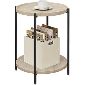 WOLTU Salontafel rond, bijzettafel met 2 planken, woonkamertafel met afneembaar tafelblad, nachtkastje, banktafel, telefoontafel voor woonkamer, slaapkamer, van MDF, metaal, licht eiken, BTS06hei