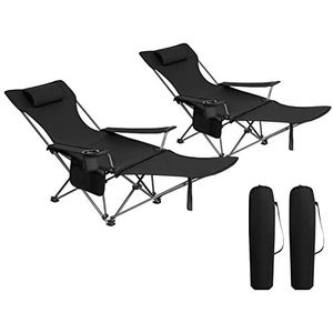 Woltu CPS8148sz-2 Set van 2 campingstoelen, inklapbaar, klapstoel, ligstoel voor buiten, visstoel, zonnestoel, ultralicht met armleuningen en bekerhouder, zwart