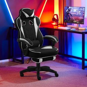 WOLTU Gamingstoel, ademende stof, bureaustoel ergonomisch, met verstelbare lendensteun, hoofdsteun, voetensteun, pc-stoel, in hoogte verstelbaar, draaibaar, elastische stof, wit, GS01ws