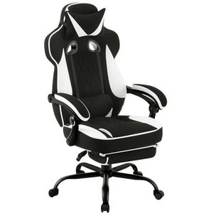 WOLTU GS04swGamingstoel met pocketveringkussen, gamerstoel, ergonomisch, brede zitting, voetensteun, bureaustoel, 150 kg belastbaar, computerstoel, draaibaar, mesh-weefsel, zwart + wit