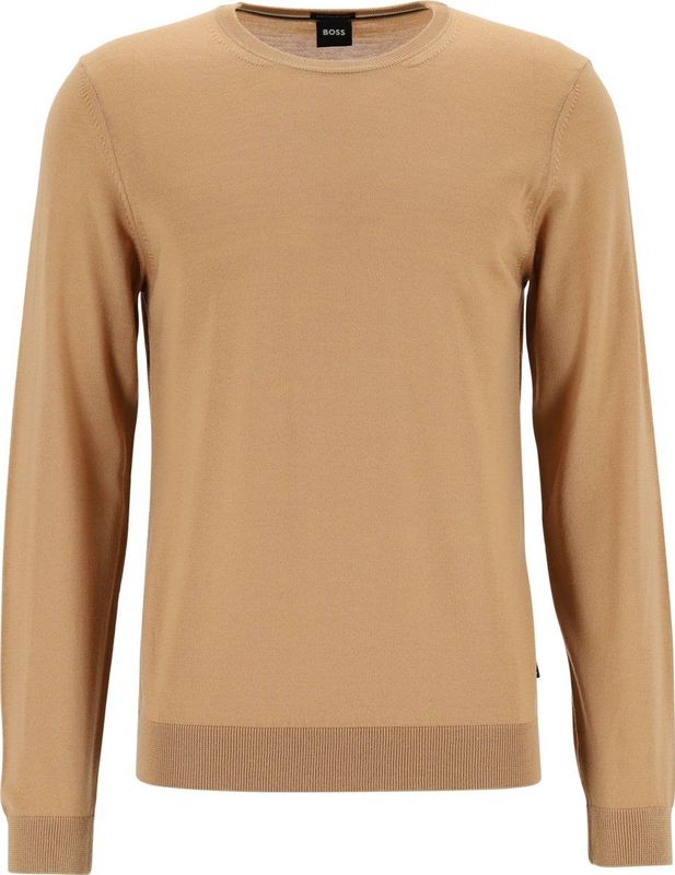 BOSS Leno heren trui wol slim fit met O hals camel bruin