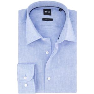 BOSS overhemd lichtblauw Slim Fit Pure Linen gemêleerd