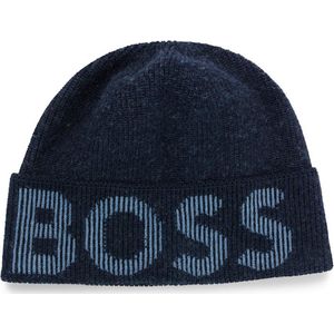 Hugo Boss - Beanie - blauw - van katoen en wol met gebreid logo - heren