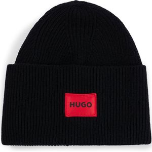 HUGO Heren Xaff 6 geribbelde muts met rood logo-label, zwart 1, Eén maat