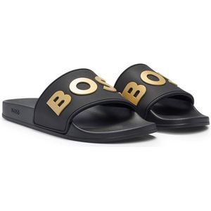 BOSS Kirk Slid slippers voor heren, gemaakt in Italië met logo in reliëf, zwart 007, 45 EU, Zwart 007