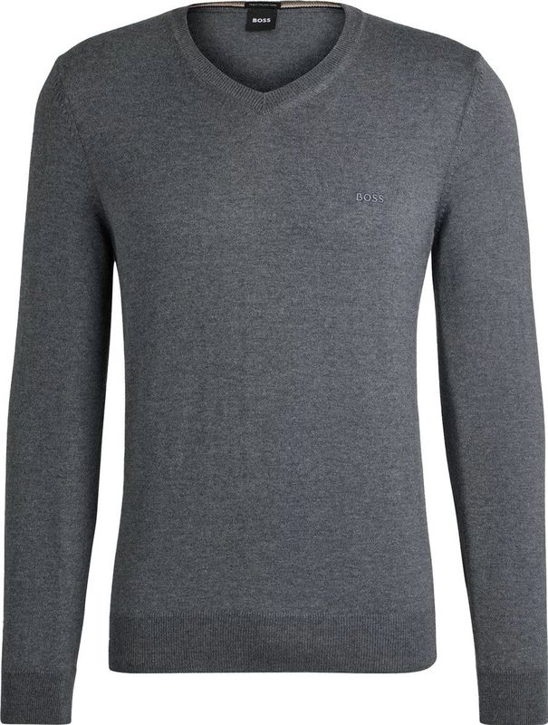 BOSS - Baram - Middengrijs - Regular Fit Trui - Wol - V-hals
