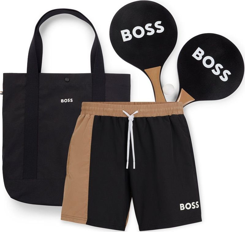 HUGO BOSS Beach Ball Set, heren zwembroek, tafeltennis set en tas, beige met zwart