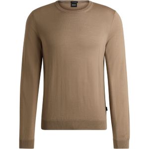 BOSS Leno slim fit trui wol, heren pullover middeldik O-hals, beige