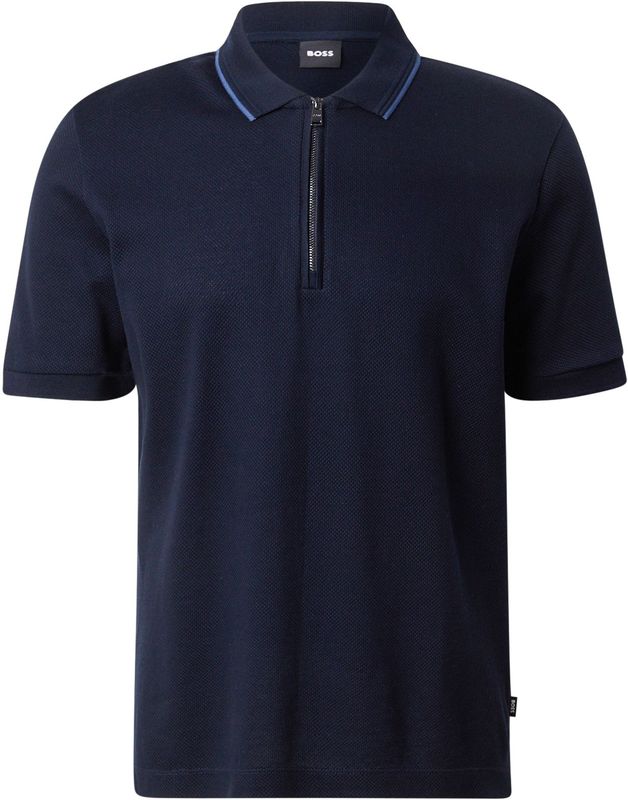 BOSS - Paras - Poloshirt - Donkerblauw - Regular Fit, Korte Mouwen, Pique Weving, Rits Sluiting