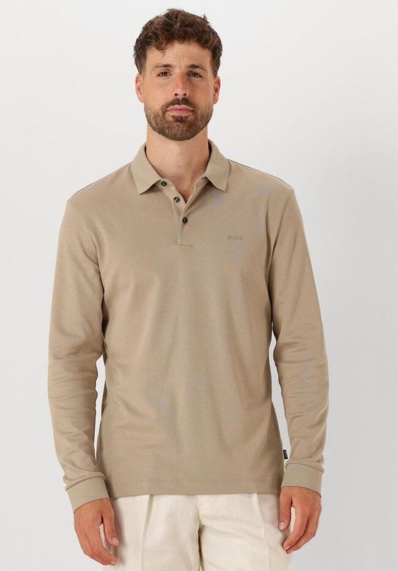 BOSS Pado regular fit polo lange mouw, jersey, licht beige