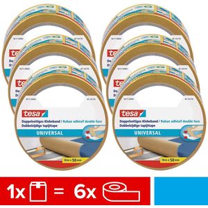 tesa Doppelseitiges Klebeband Universal im 6er Pack - Vielseitiges Klebeband für Verpackungen, Deko und Teppiche oder zum Basteln - 6 Rollen je 10 m