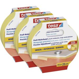 tesa 56270 Professional Painter's Tape Inside, Pack of 3, Thin Masking Tape for Extremely Precise Masking in Painting, Solvent-Free, 3 Rolls Each 25 m, Yellow, 25 m x 25 mm