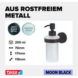 tesa® MOON BLACK Zeepdispenser, mat zwart, satijn glas, 200 ml - Handzeepdispenser voor Industriële en Moderne Badkamers - Zonder Boren, Zelfklevend - 171 mm x 70 mm x 119 mm