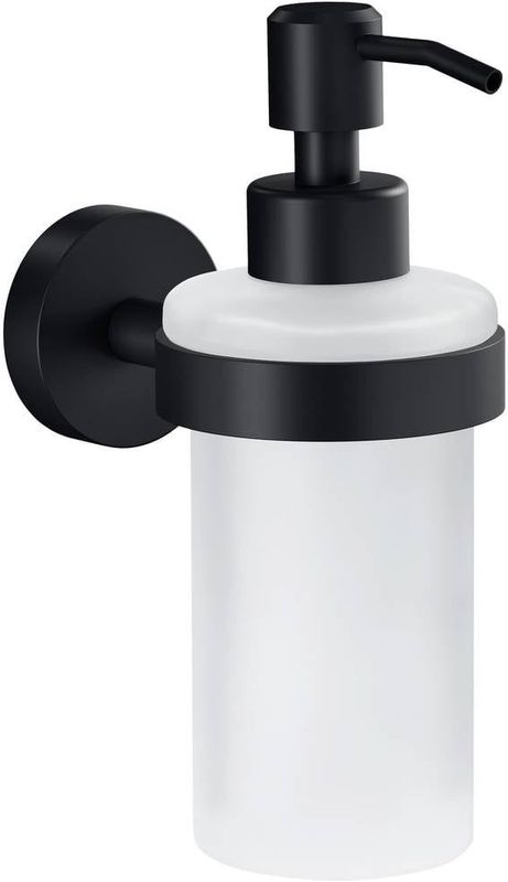 tesa® MOON BLACK Zeepdispenser, mat zwart, satijn glas, 200 ml - Handzeepdispenser voor Industriële en Moderne Badkamers - Zonder Boren, Zelfklevend - 171 mm x 70 mm x 119 mm