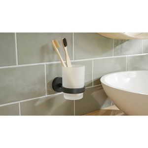 tesa MOON BLACK Tandenborstelhouder van Gesatineerd Glas met Houder, mat zwart - voor Industriële en Moderne Badkamers - Zonder Boren, zelfklevend - 96 mm x 70 mm x 109 mm,Zwart/Wit