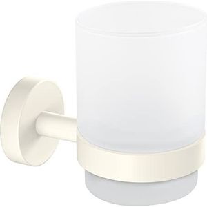 tesa MOON WHITE Tandenborstelhouder van satijnglas, beker met houder, mat wit - Badkamers in moderne en industriële stijl - Zonder boren - 96 mm x 70 mm x 109 mm