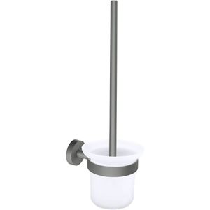 tesa® MOON GREY Toilet-set met Houder en Wc-borstel, mat grijs, satijn glas - voor Badkamers in Industriële en Moderne Stijl - Zonder Boren, Zelfklevend - 379 mm x 112 mm x 145 mm