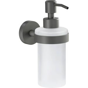 tesa® MOON GREY Zeepdispenser, mat grijs, satijn glas, 200 ml - Handzeepdispenser voor Industriële en Moderne Badkamers - Zonder Boren, Zelfklevend - 171 mm x 70 mm x 119 mm