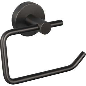 tesa MOON Toiletpapierhouder van geborsteld grafiet - zelfklevende rolhouder zonder deksel, van metaal met PVD-coating, zonder boren, met lijmoplossing - 99 mm x 140 mm x 53 mm