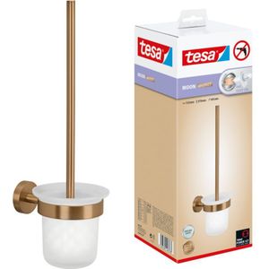 tesa MOON Toiletset met Houder en Wc-borstel van Geborsteld Brons, met Gesatineerd Glas - Zelfklevend, Gemaakt van PVD-gecoat Metaal - Zonder Boren, incl. Kleefoplossing - 379 mm x 112 mm x 145 mm