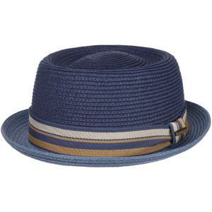 Stetson Licano Toyo Pork Pie Strohoed Dames/Heren - strand hoed zonnehoed met voering ripsband voor Lente/Zomer - M (56-57 cm) blauw