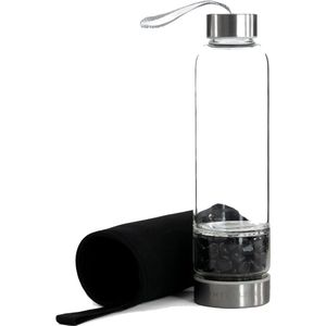 Intirilife Waterfles met geneeskrachtige stenen en Zwarte tas - Zwarte Obsidiaan - Inhoud van 400 ml - Fles met edelstenen, mineralen