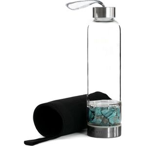 Intirilife Waterfles met geneeskrachtige stenen en Zwarte tas - Turkoois - Inhoud van 400 ml - Fles met edelstenen, mineralen