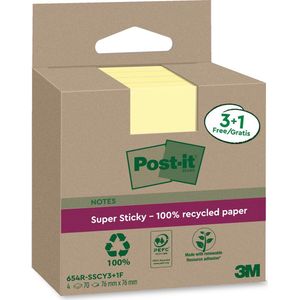 Post-it Super Sticky Notes Recycled, 70 vel, ft 76 x 76 mm, geel, 3 + 1 GRATIS
