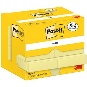Post-It Notes, 100 vel, ft 38 x 51 mm, geel, 8 + 4