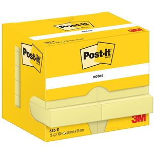 Post-it Notities kanariegeel, verpakking met 12 blokken, 100 vellen per blok, 51 mm x 38 mm, kleur: geel - zelfklevende notitieblaadjes voor notities, voor to-do-lijsten en als herinnering