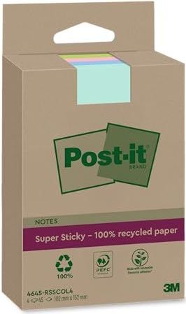Post-it® Super Sticky Recycling Notes Haftnotizen extrastark farbsortiert, 4 Blöcke
