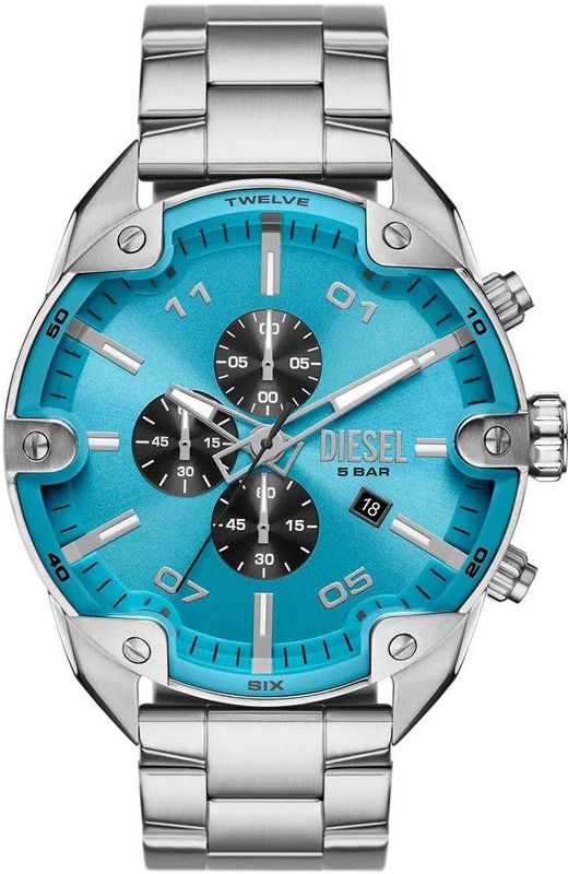Diesel Spiked herenhorloge, chronograaf kwartsuurwerk met roestvrijstalen armband, Zilverkleurig en lichtblauw, De stijl van het Diesel horloge is ""klassiek"" en ""sportief"", omdat het beschikt over een