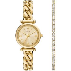 FOSSIL Carlie - Dames Horloge geschenkset - Goudkleurige roestvrijstalen armband en kristallen tennisarmband (1 set)